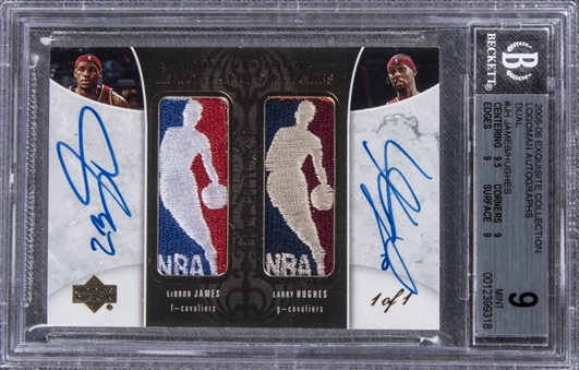 2005-06 UD "Exquisite Collection" Logoman Autographs Dual #JH LeBron James/Larry Hughes Dual-Signed Game Used Logoman Patch Card (#1/1) – BGS MINT 9/BGS 10